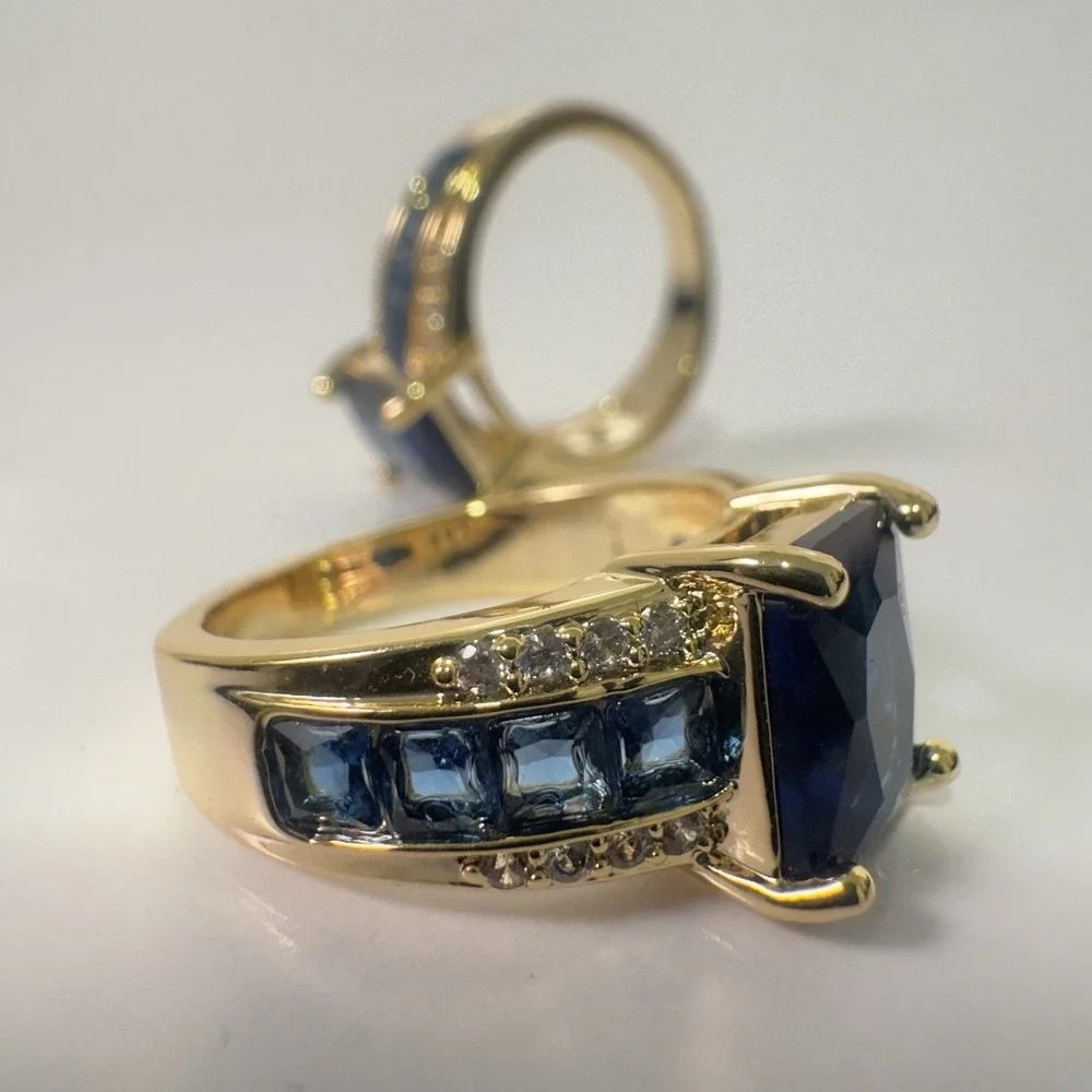2 Yoursfs Rings Blue Stones Gold Tone Square Shape‎ Size 10 Costume Jewelry Gift